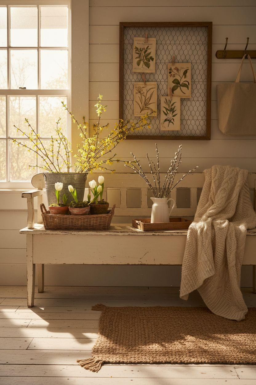 Spring decorating ideas for the home - DIY entryway with bright yellow forsythia