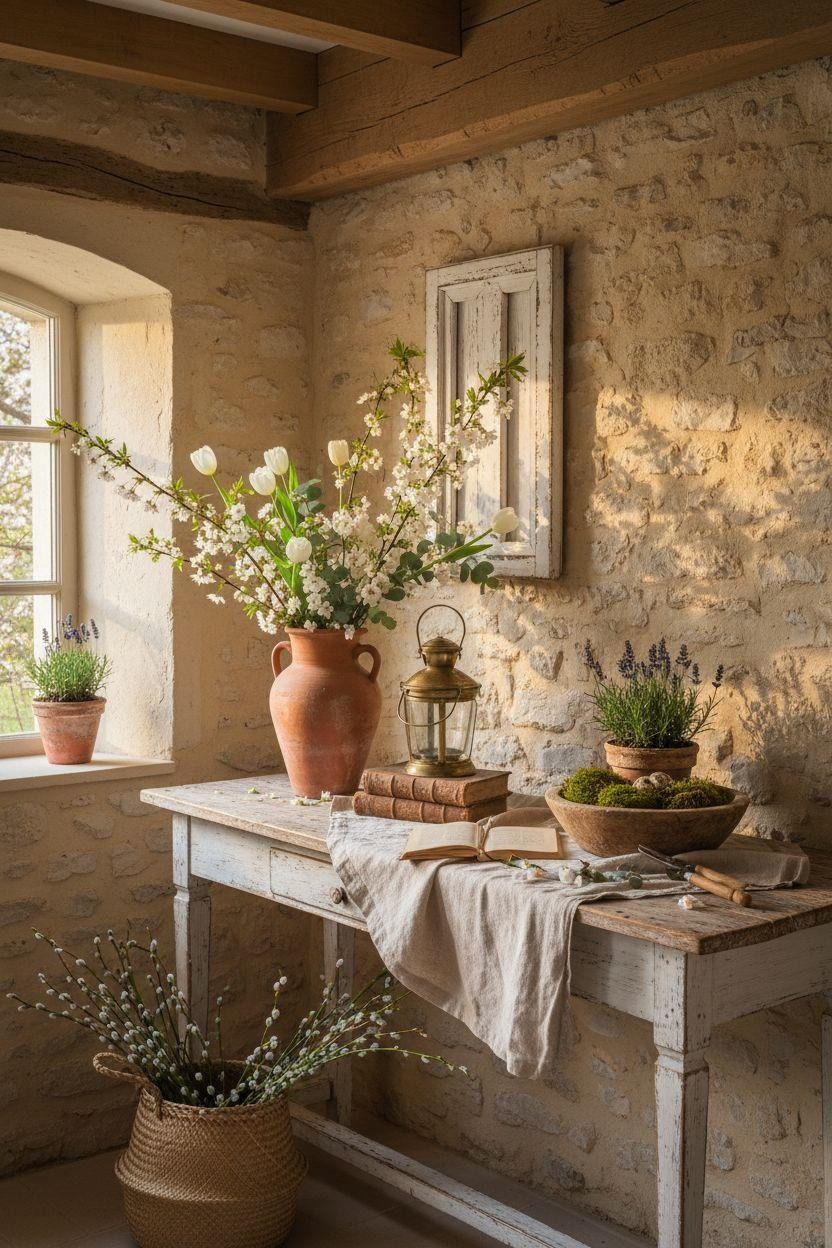 Spring decorating ideas for the home - entryway with cherry blossoms and layered textures