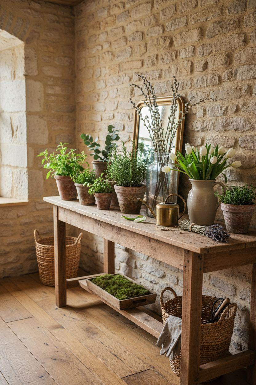 Spring decorating ideas for the home - entryway with fresh herbs and aged terracotta