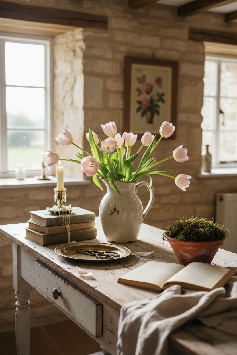 Spring decorating ideas for the home - vintage spring styling with blush tulips