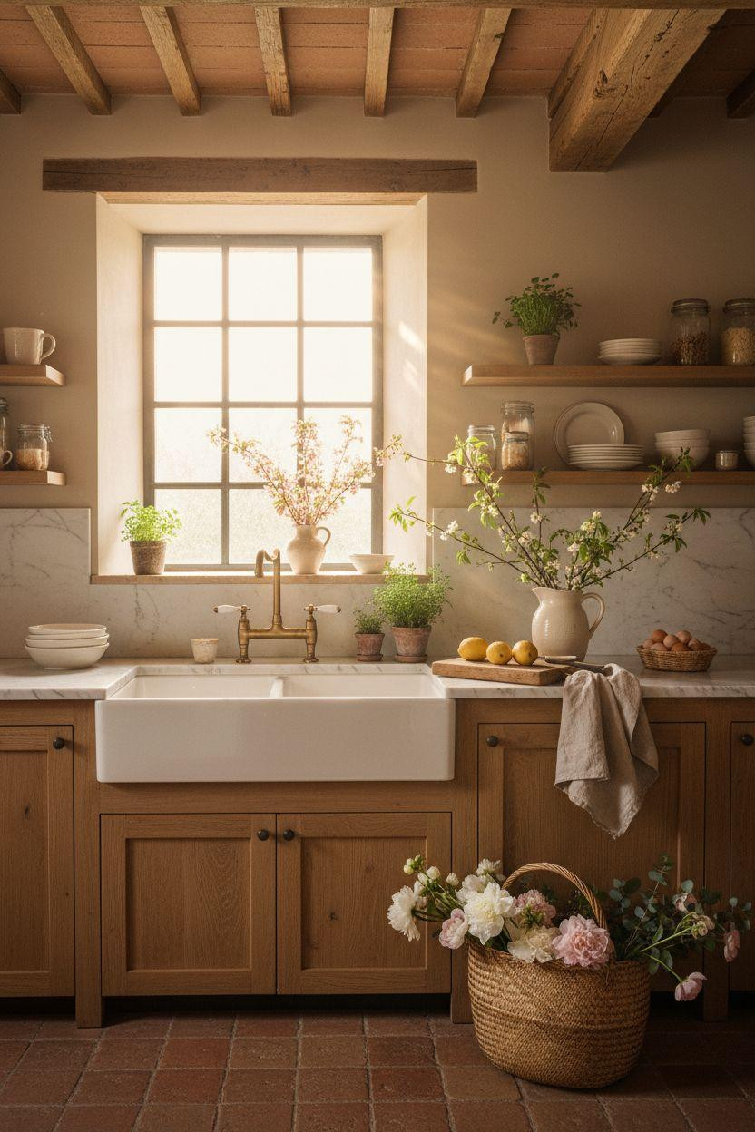 Spring decorating ideas for the home - rustic kitchen with marble counters