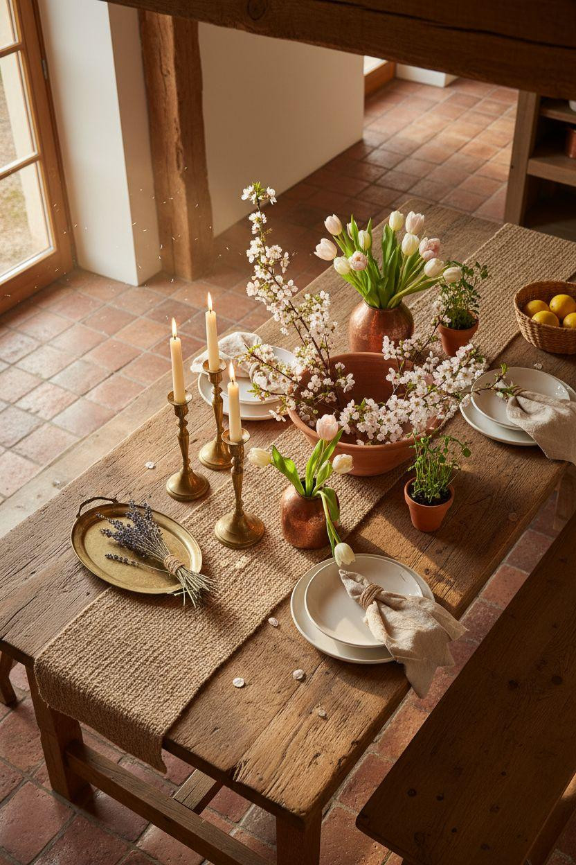 Spring decorating ideas for the home - rustic tablescape with copper and blossoms