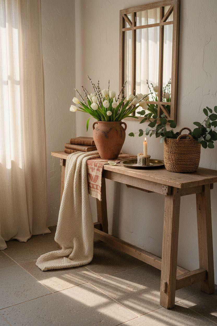 Spring decorating ideas for the home - entryway with geometric mirror and eucalyptus