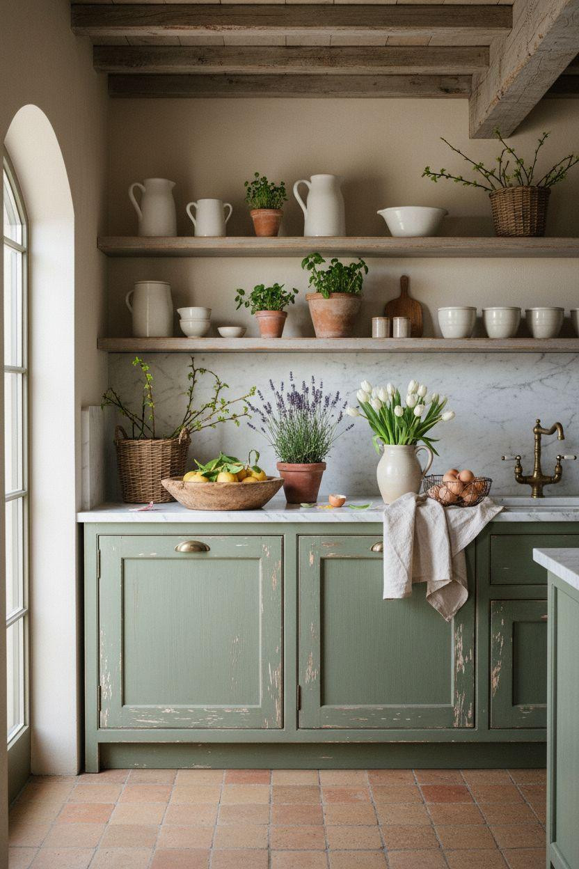 Spring decorating ideas for the home - Tuscan kitchen with open shelving