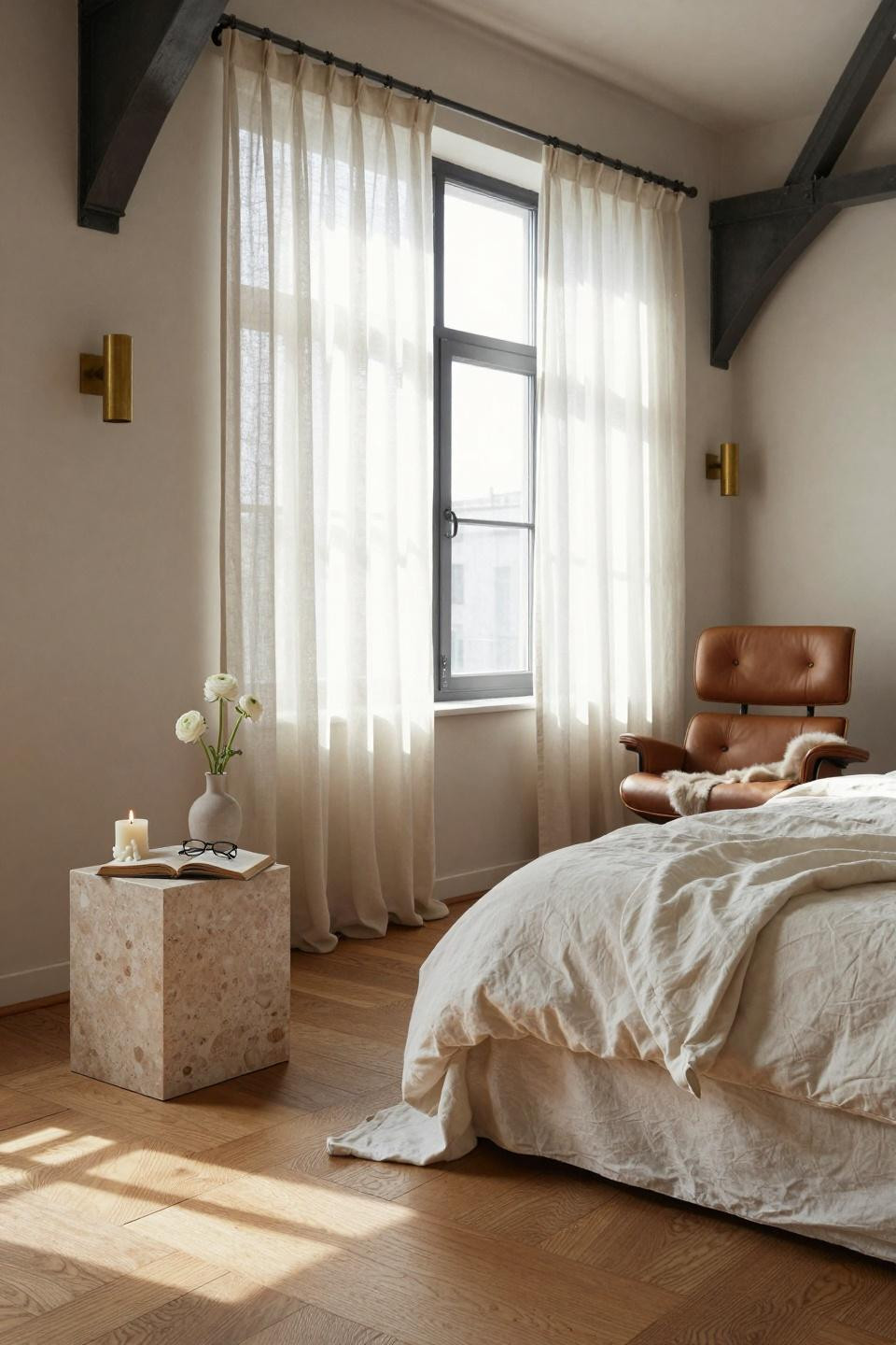 Unique bedroom design with travertine nightstand and Scandinavian style