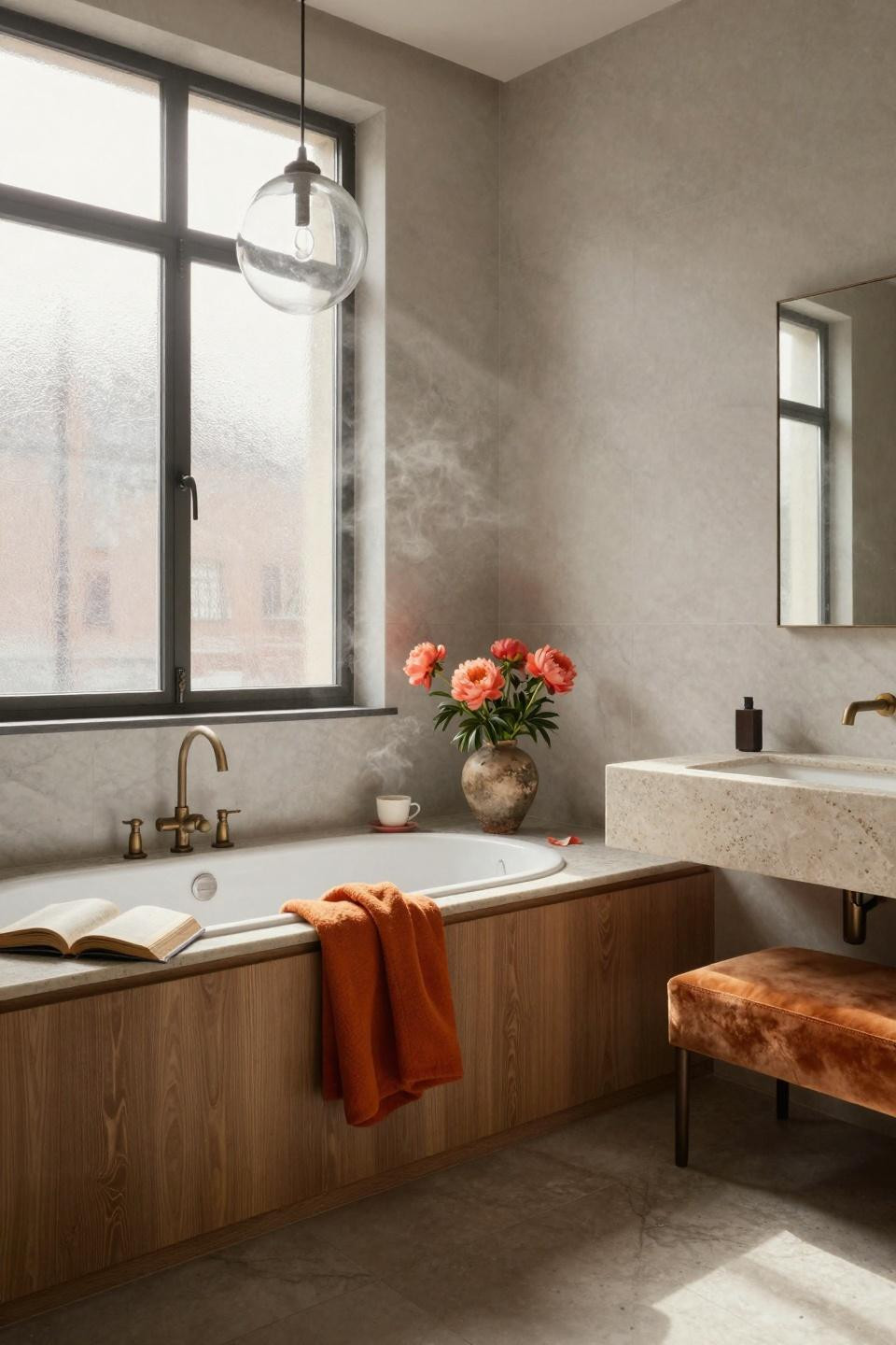 Master Bath Ideas - oak vanity with coral peonies