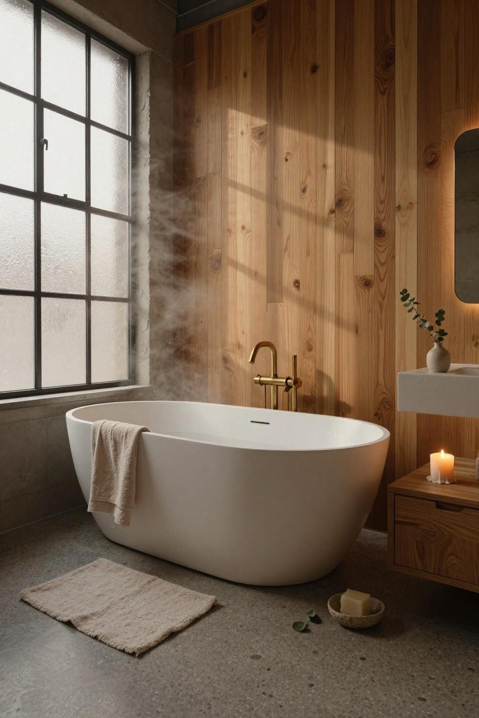 Bathroom ideas with oak slat walls and travertine floors