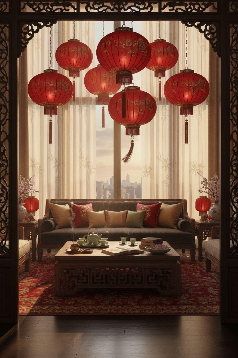 red lanterns with ornate details above luxe seating