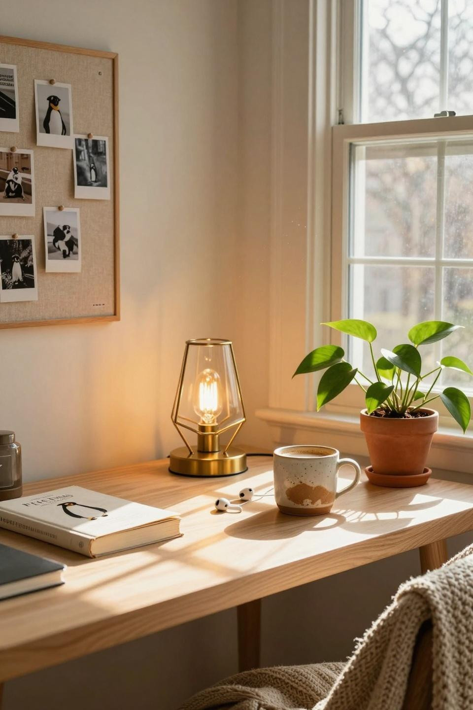 Single dorm room ideas with desk accessories and brass lamp