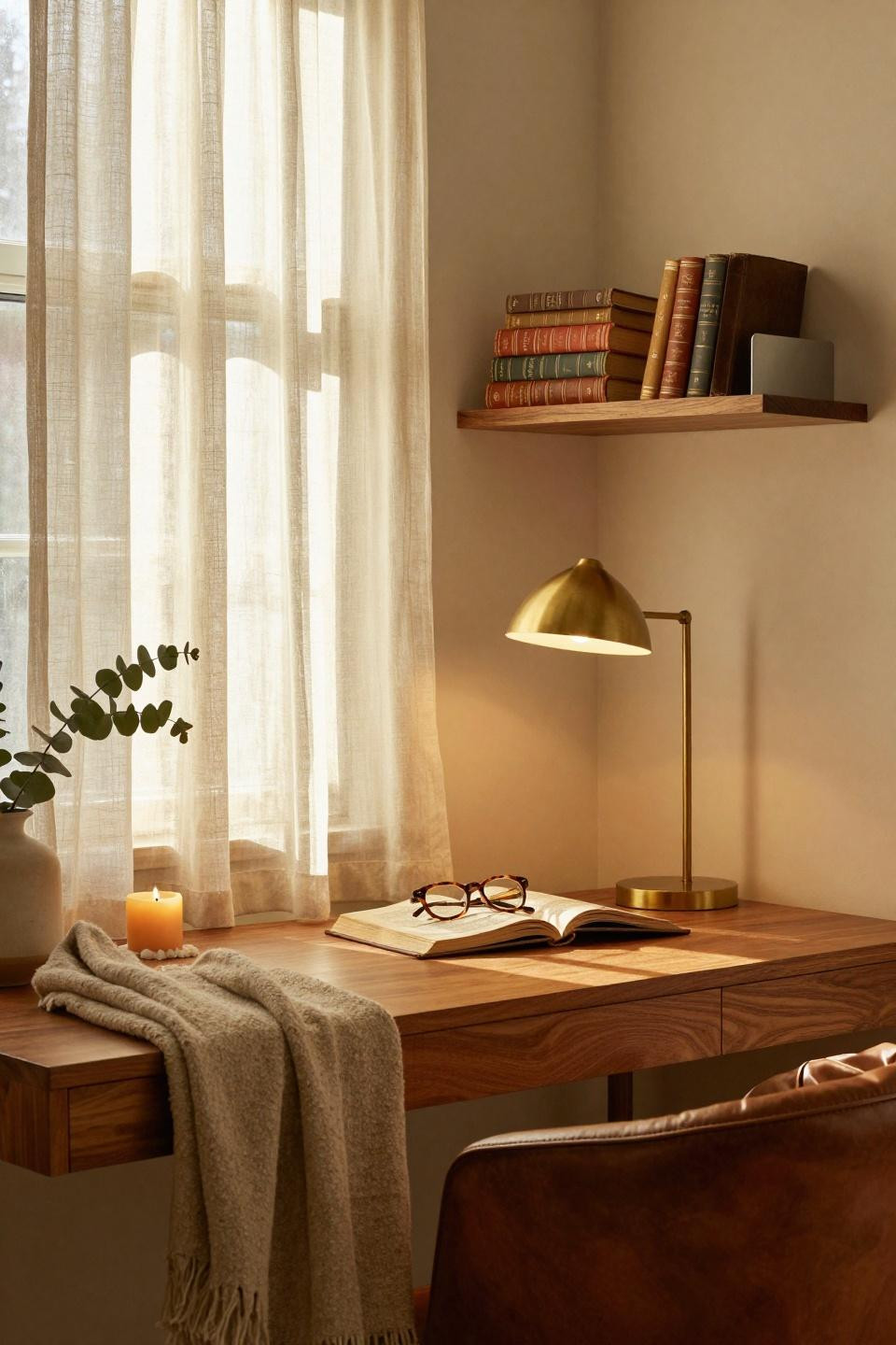 Single dorm room ideas with floating shelf and book display