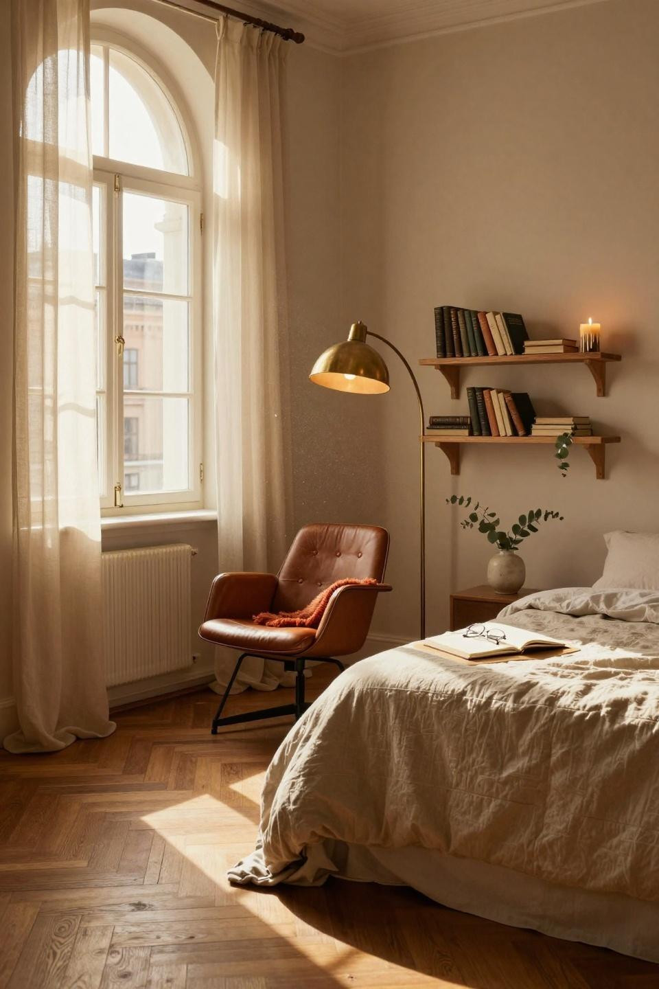 Single dorm room ideas featuring leather reading chair