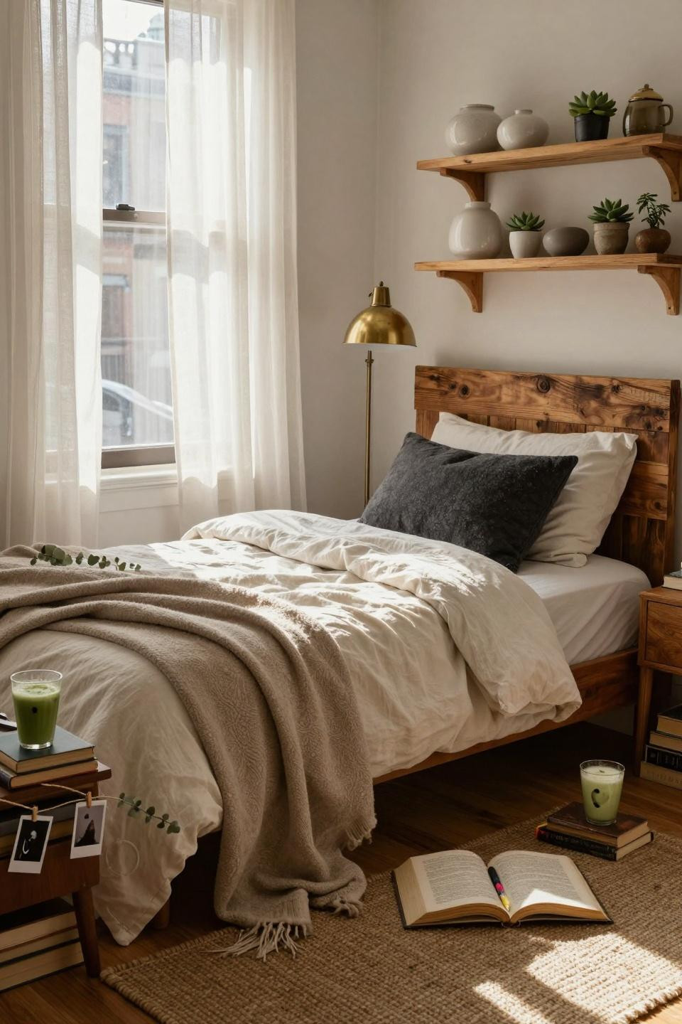 Single dorm room ideas with stacked books and greenery
