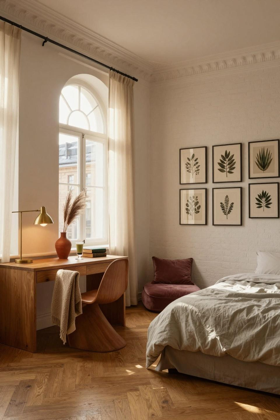 Single dorm room ideas with framed prints and low platform bed