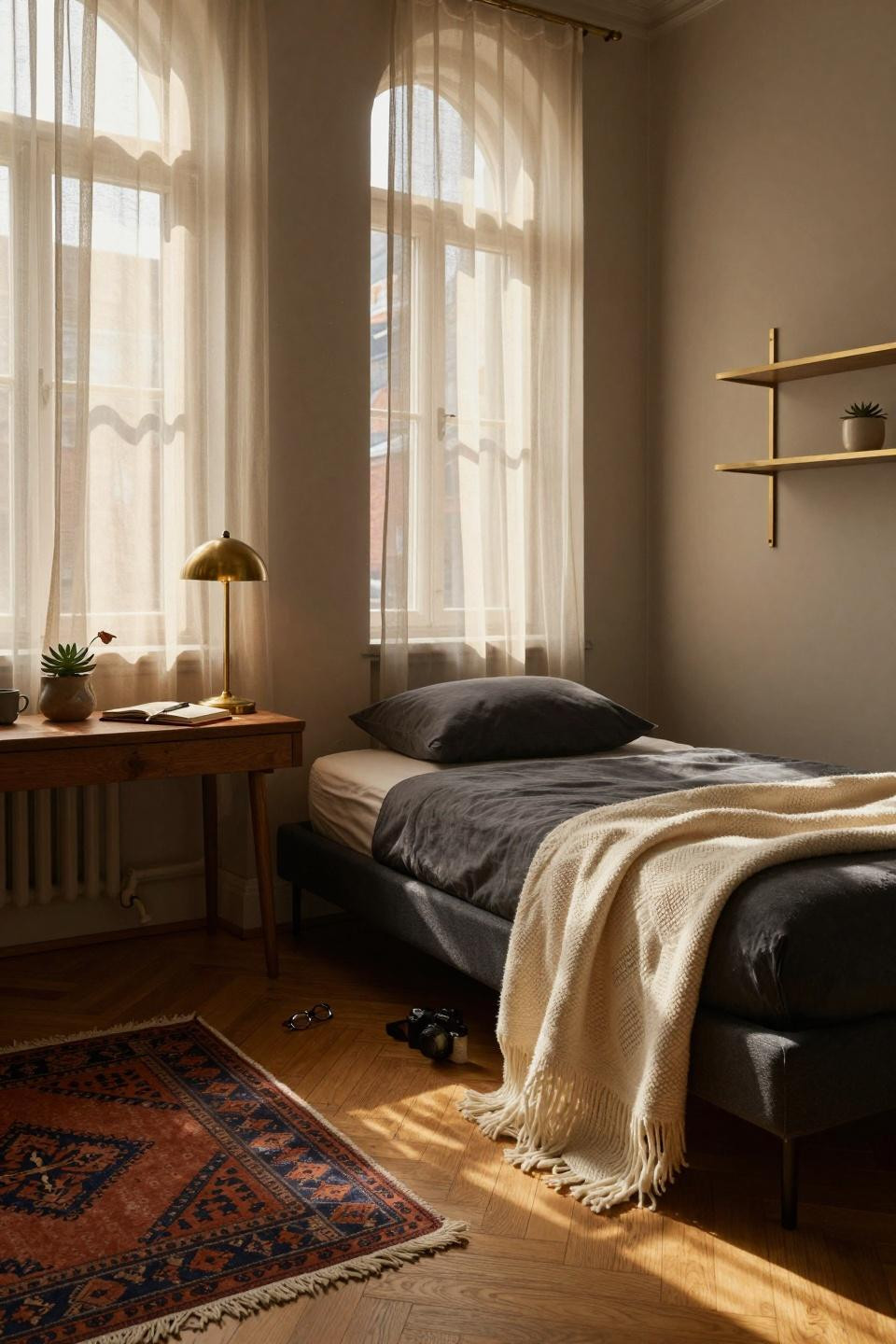 Single dorm room ideas featuring low bed and textured fabrics