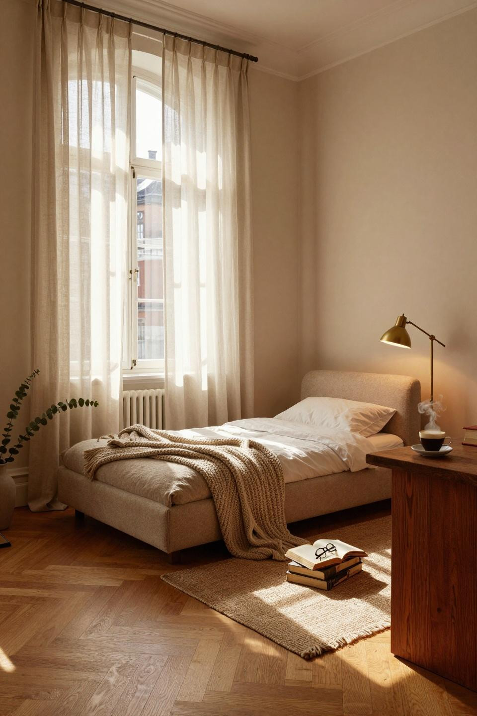 Single dorm room ideas with sculptural daybed and textured throw