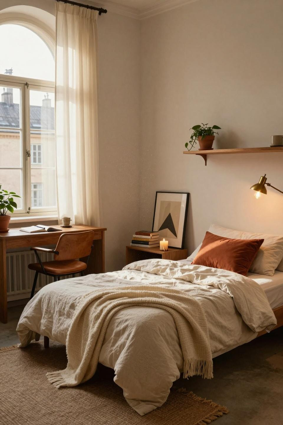 Single dorm room ideas in historic building with tall windows