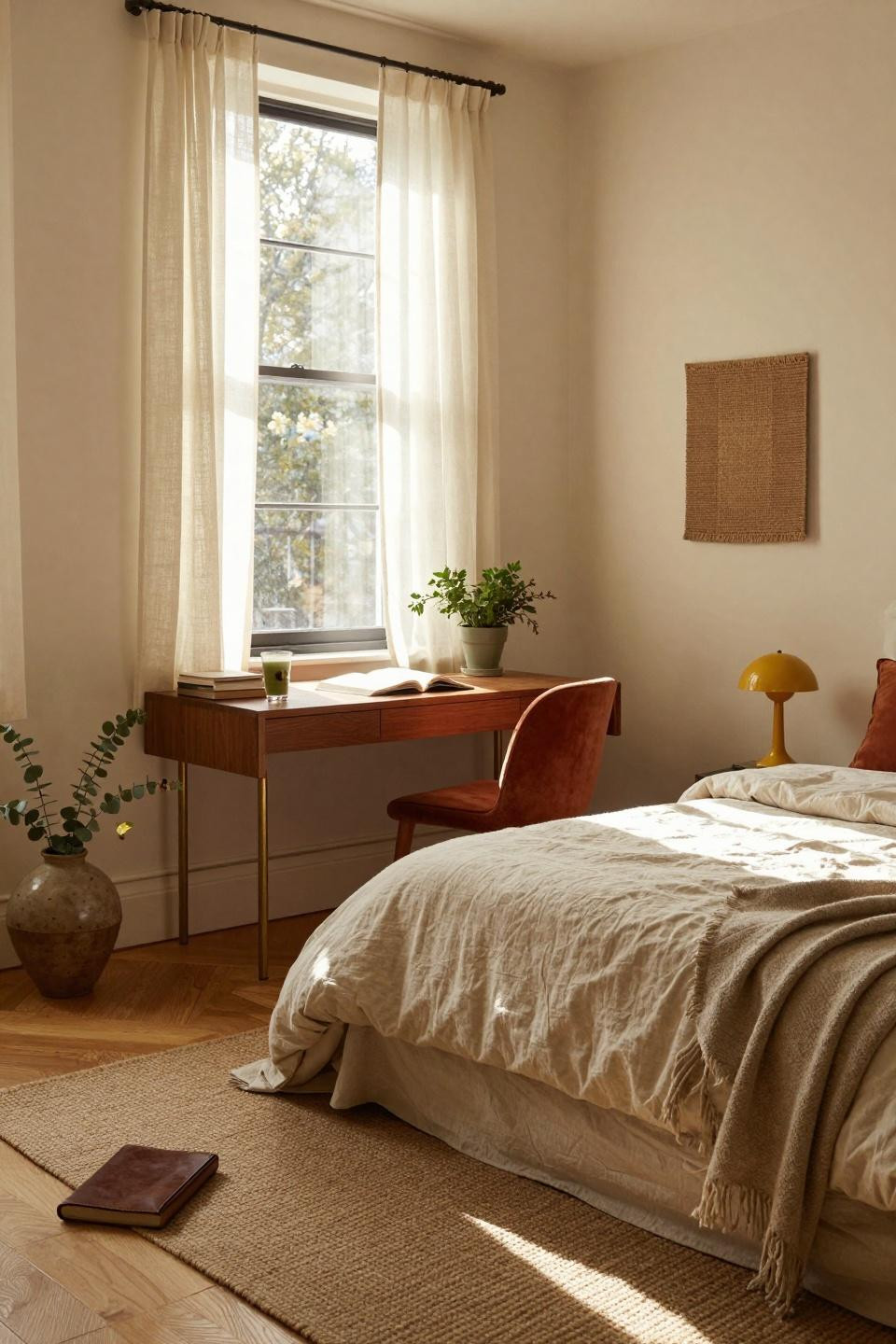 Single dorm room ideas with terracotta accents and textured fabrics