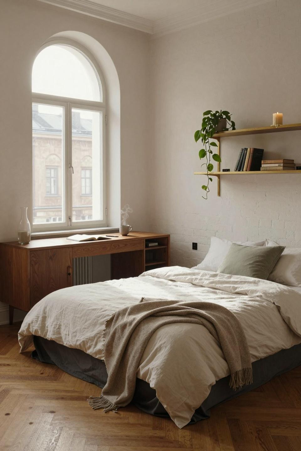 Single dorm room ideas with platform bed and minimalist shelving