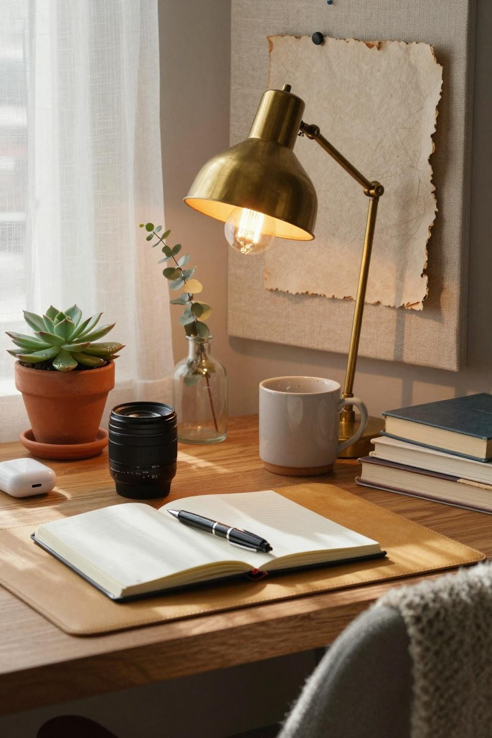 Single dorm room ideas featuring brass study lamp and oak desk