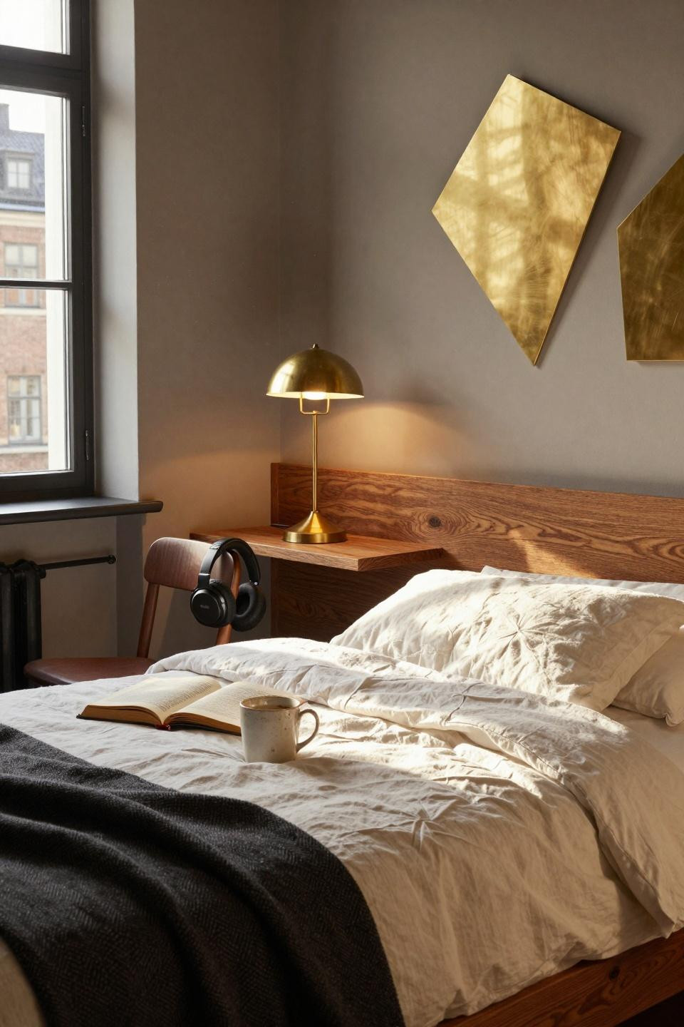 Single dorm room ideas with brass lamp and linen bedding