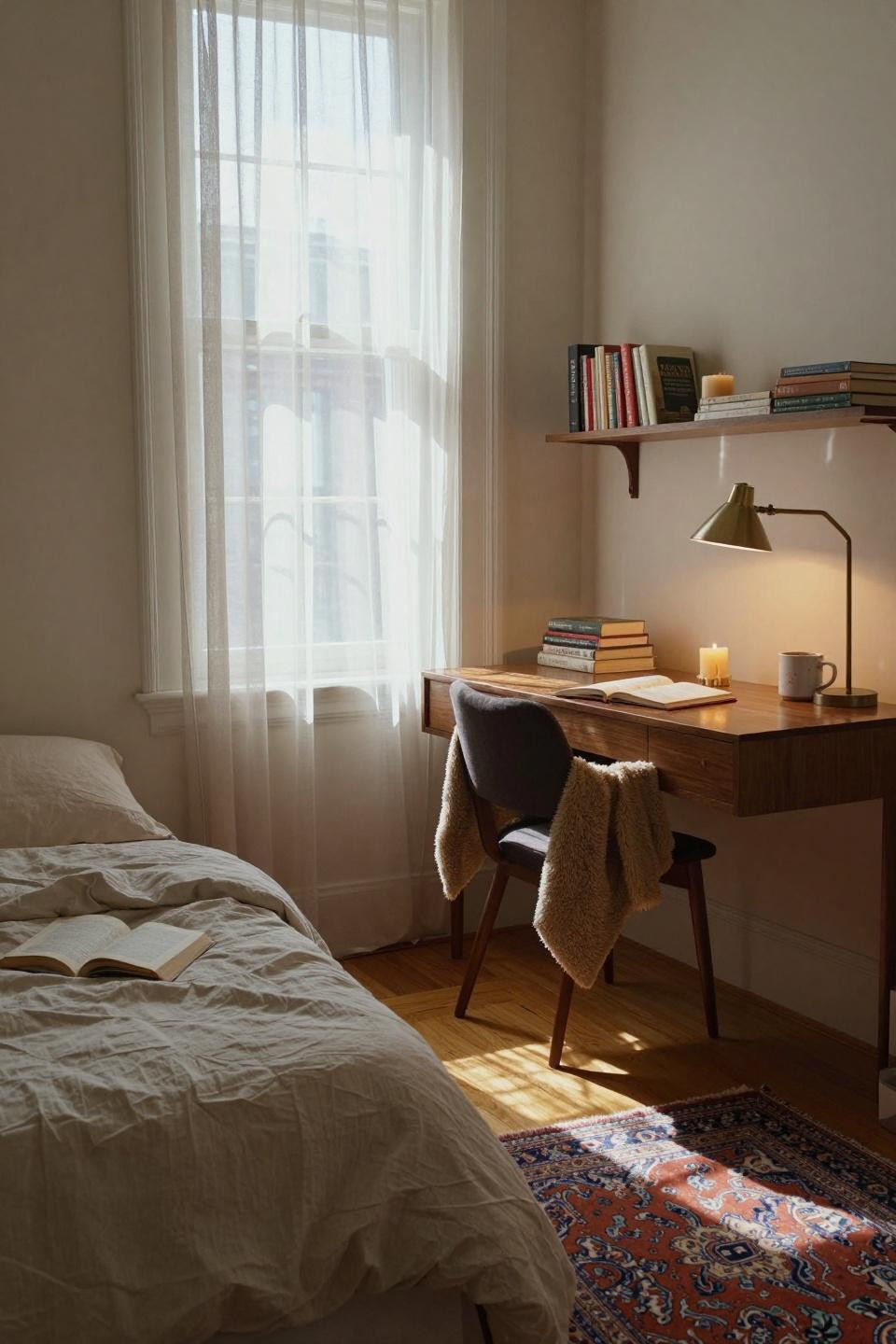 Single dorm room ideas with vintage rug and wooden desk