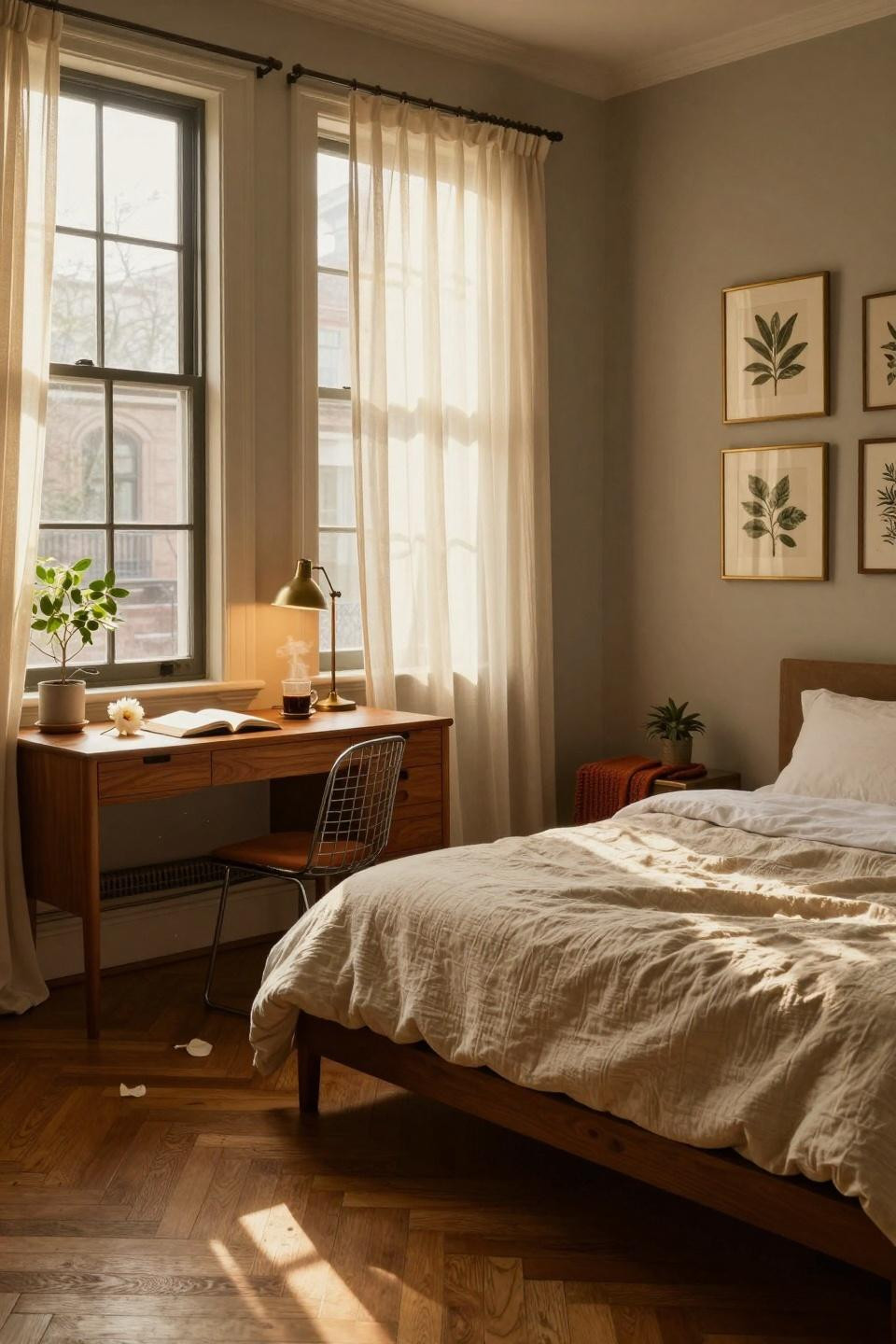Single dorm room ideas with botanical art and oak floors
