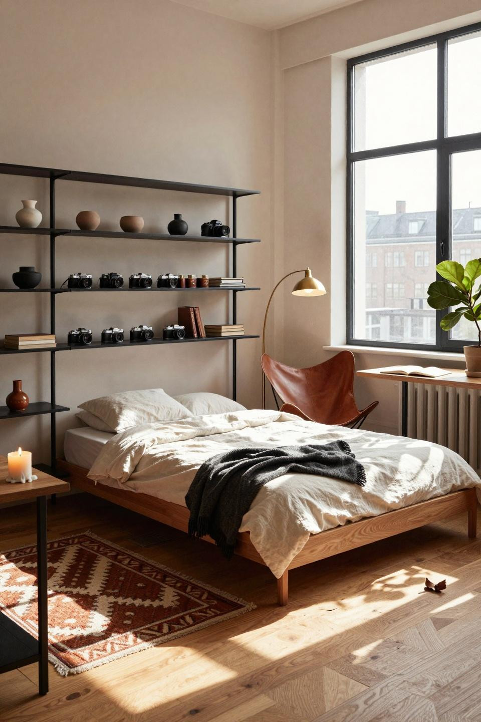 Single dorm room ideas with industrial shelving and oak accents