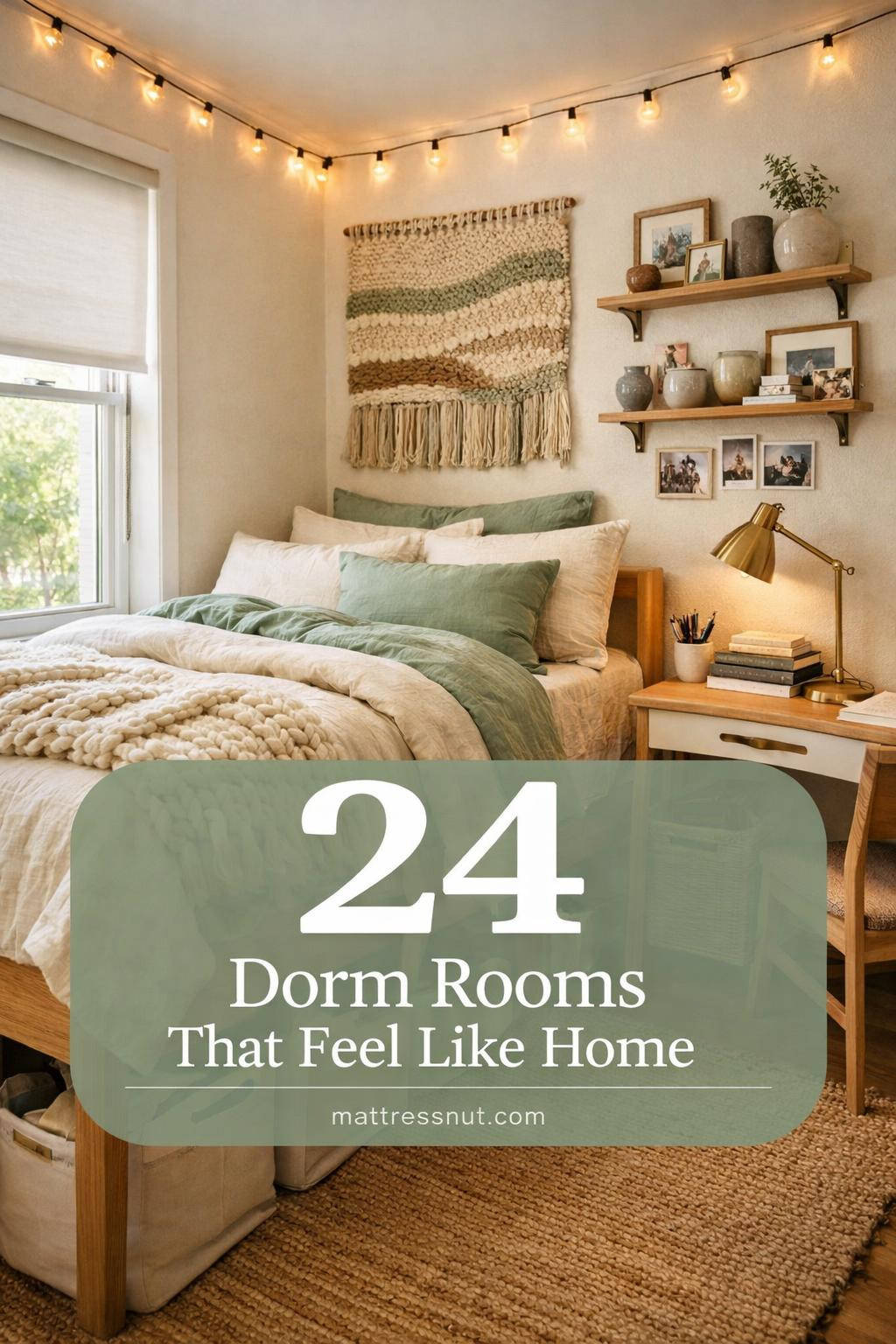 Compact dorm room featuring twin bed with layered bedding, wall shelves, desk with lamp, string lights, and personal decor creating cozy atmosphere
