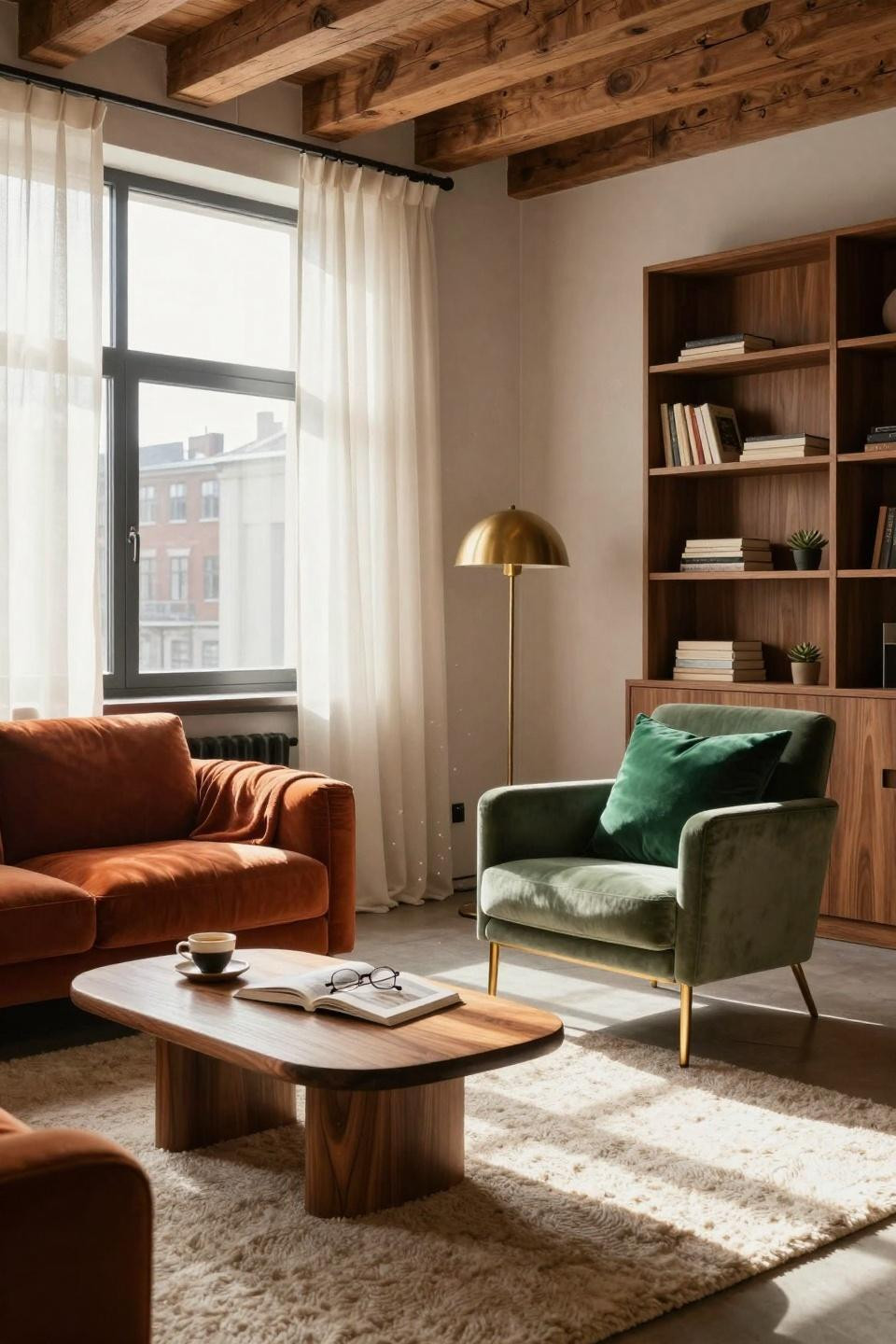 sitting room ideas - modern sitting area with burnt orange velvet and sage accents