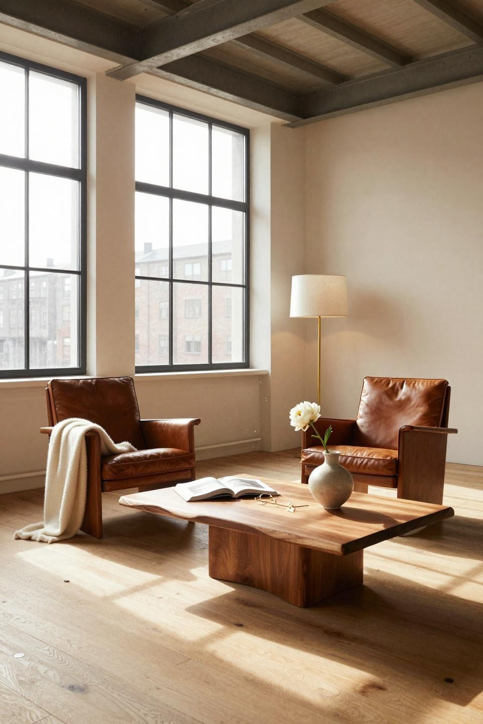 sitting room ideas - refined minimal seating with walnut and brass accents