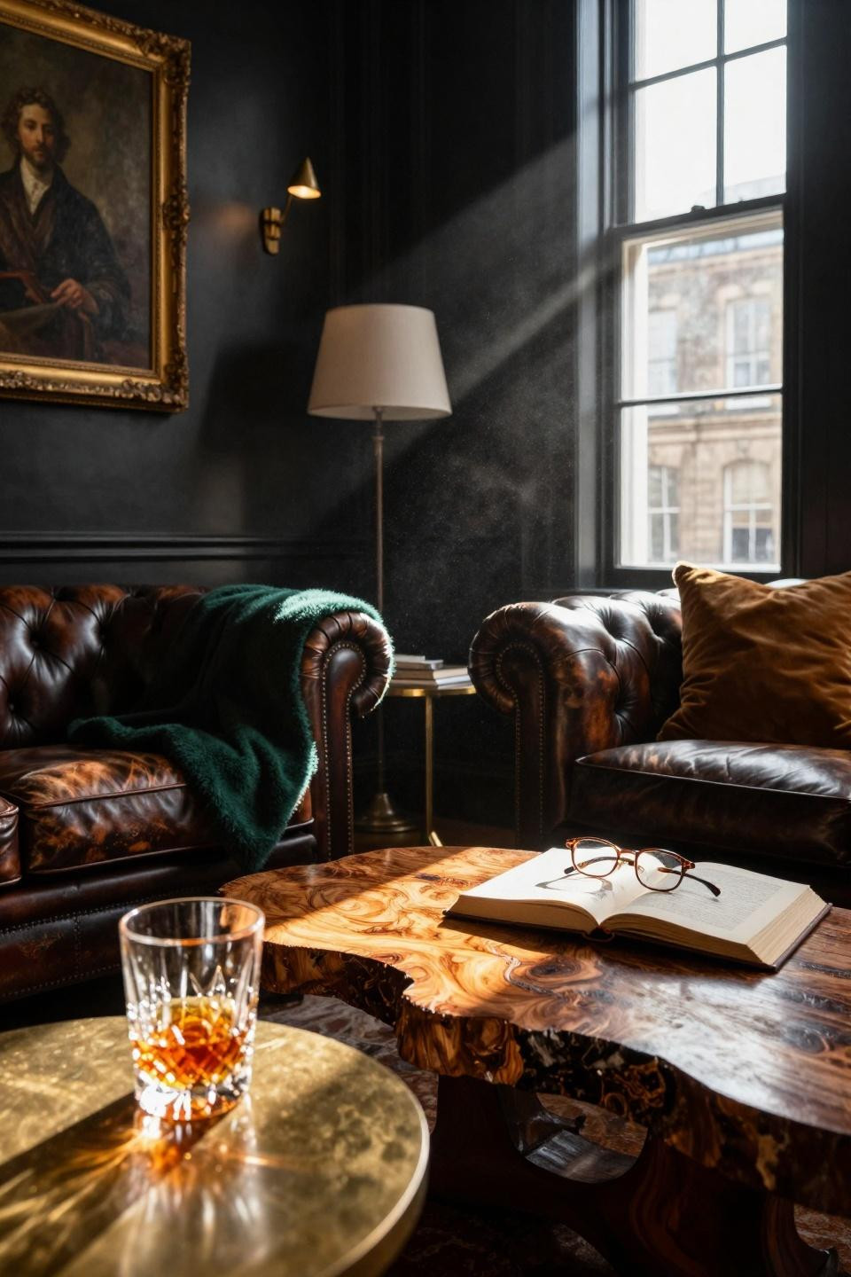 sitting room ideas - moody sitting room with vintage chesterfield chairs