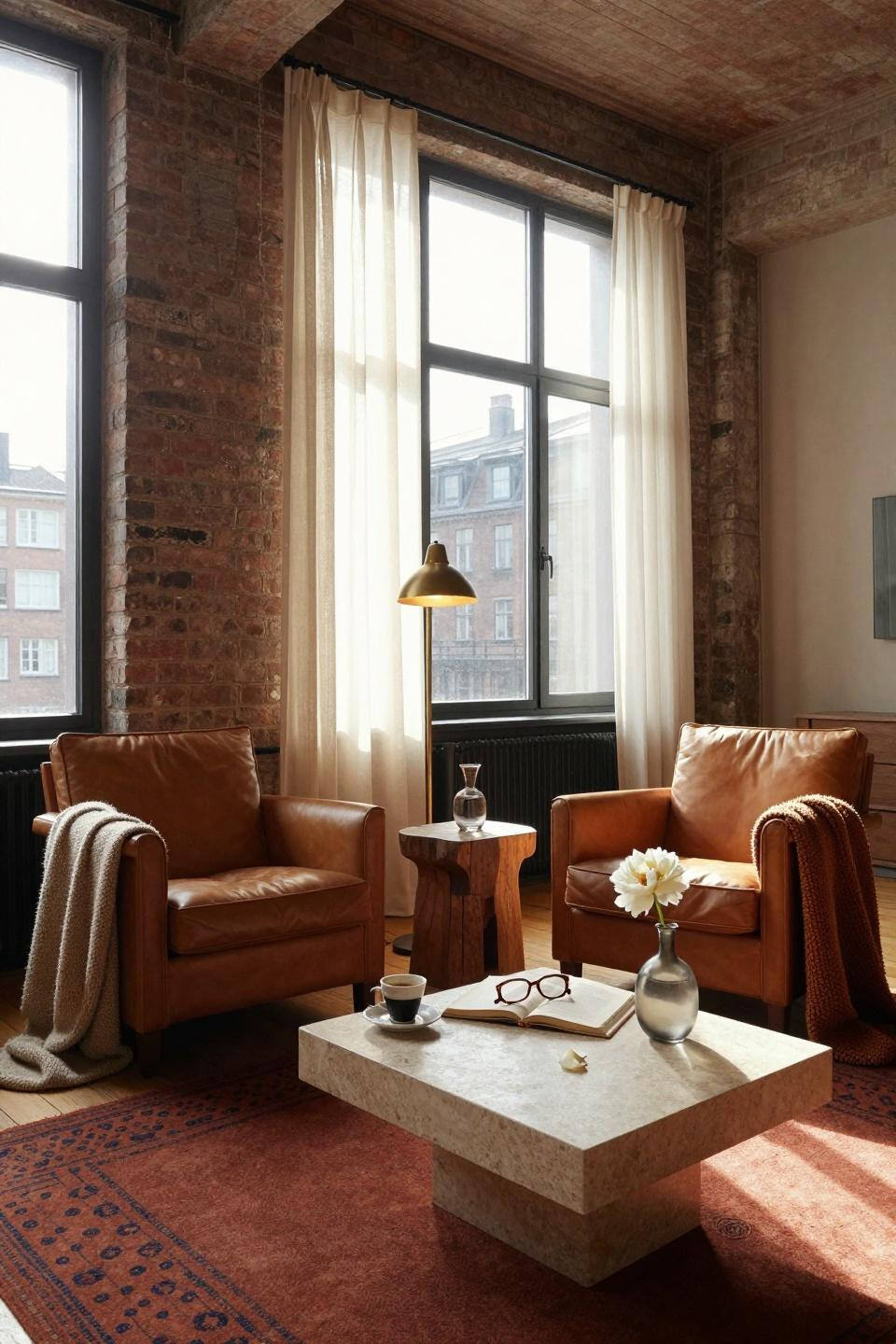 sitting room ideas - intimate seating with reclaimed oak and geometric rug