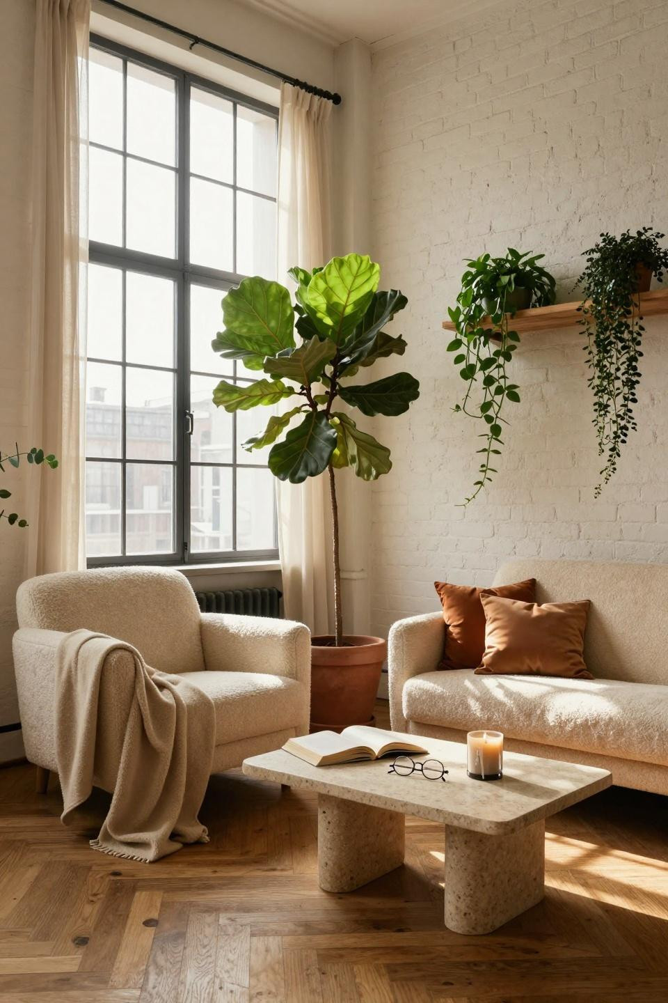 sitting room ideas - cozy corner with exposed brick and cream bouclé chairs