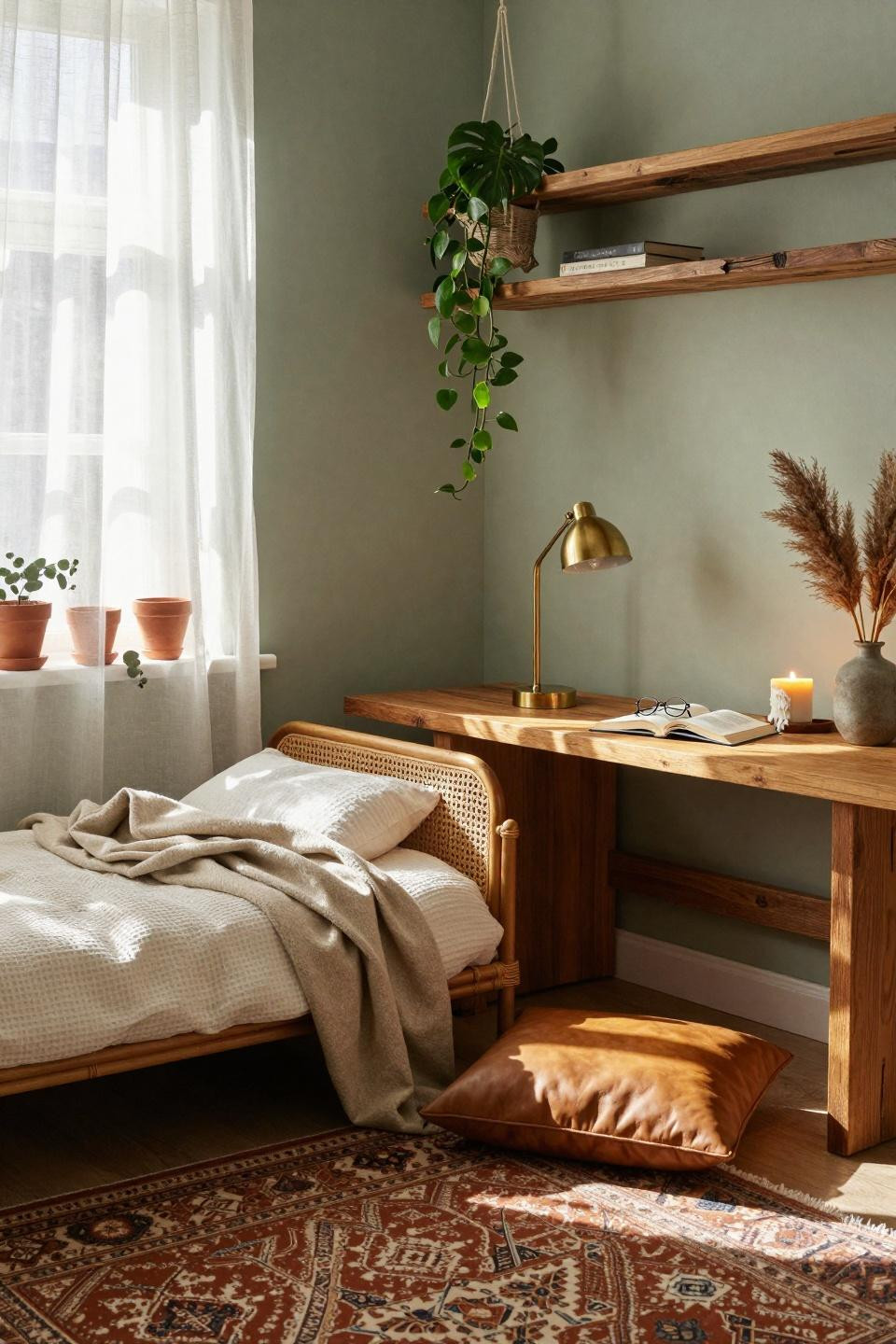 Small dorm room with rattan daybed and vintage Turkish rug