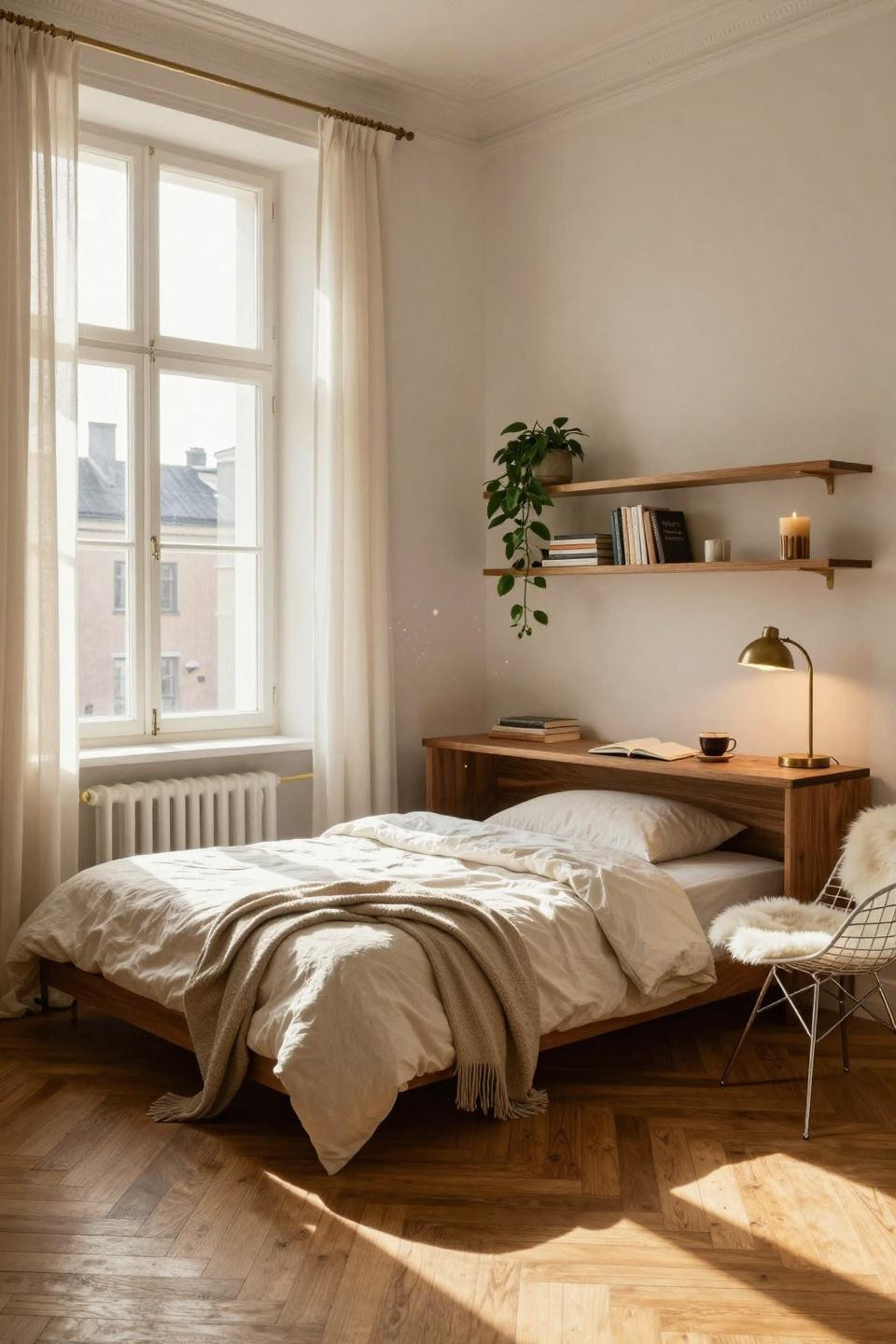 Small dorm room with herringbone oak floors and low platform bed