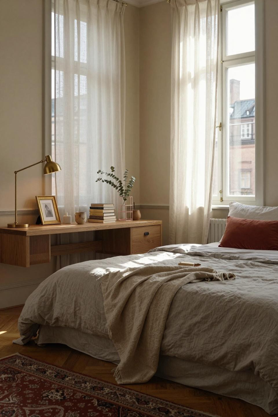 Small dorm room with elevated twin bed and brass swing-arm sconce