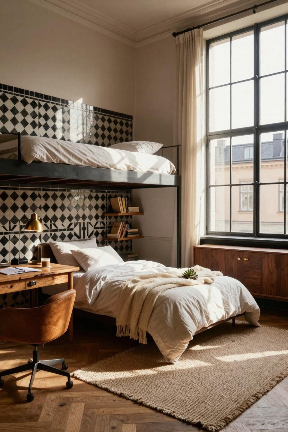 Small dorm room with geometric black and white tile accent behind bed