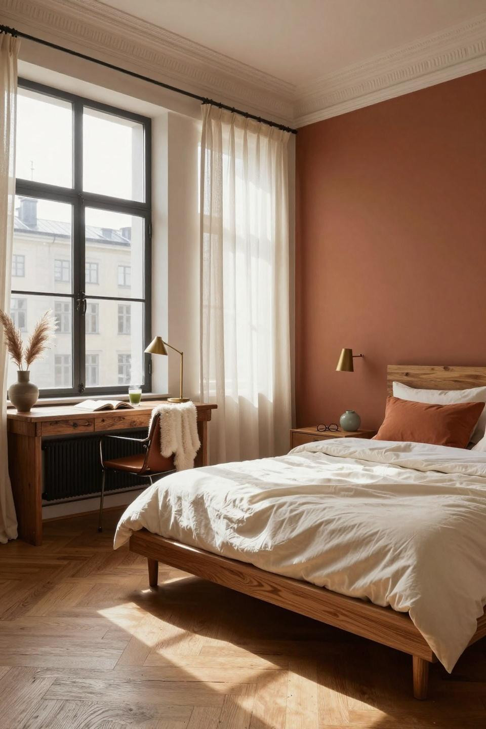 Small dorm room with platform bed and terracotta accents