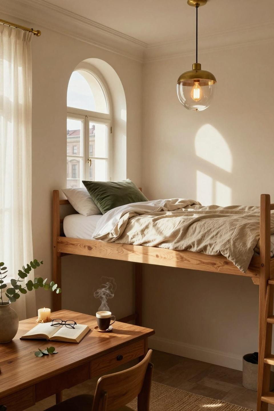 Small dorm room with sculptural brass pendant and lofted bed