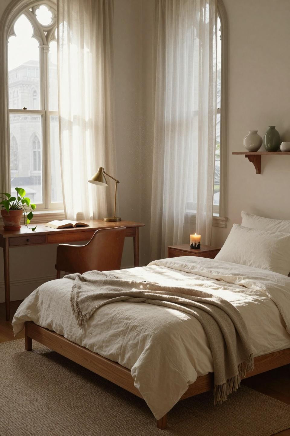 Small dorm room with elevated bed and desk workspace below