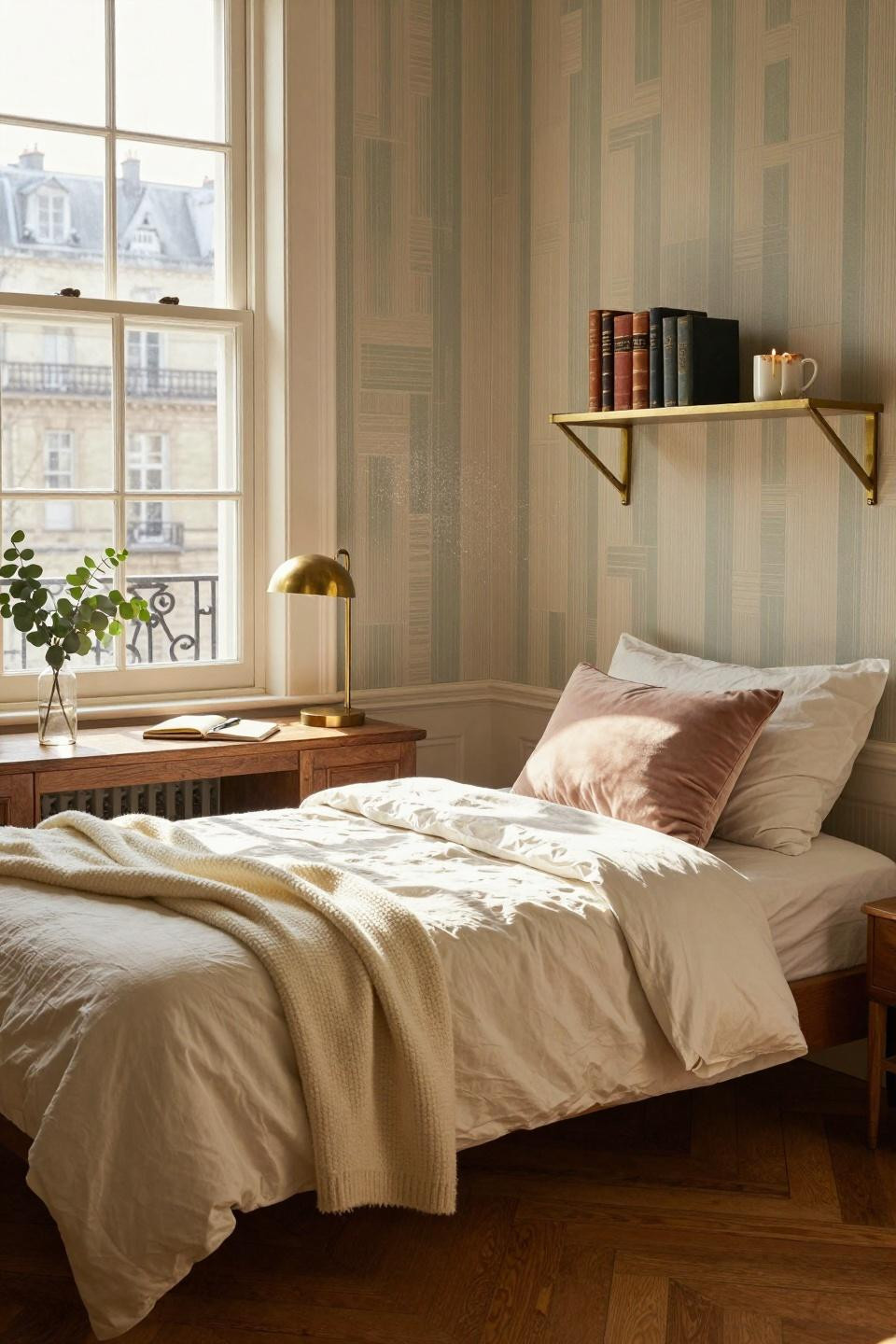 Small dorm room with brass shelving and vintage book display