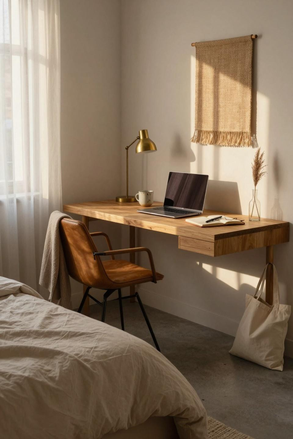 Small dorm room with floating ash desk and study nook