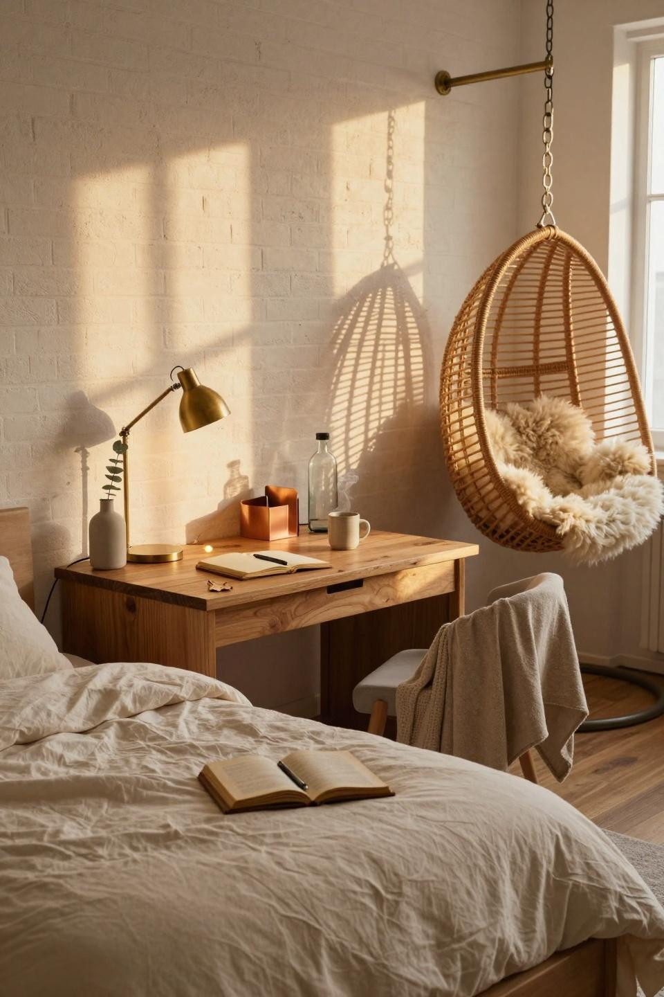 Small dorm room with rattan hanging chair by window