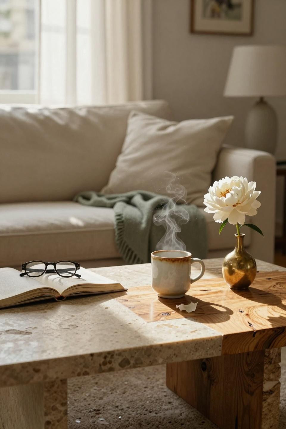 Small Lounge Ideas - styled tabletop with morning coffee