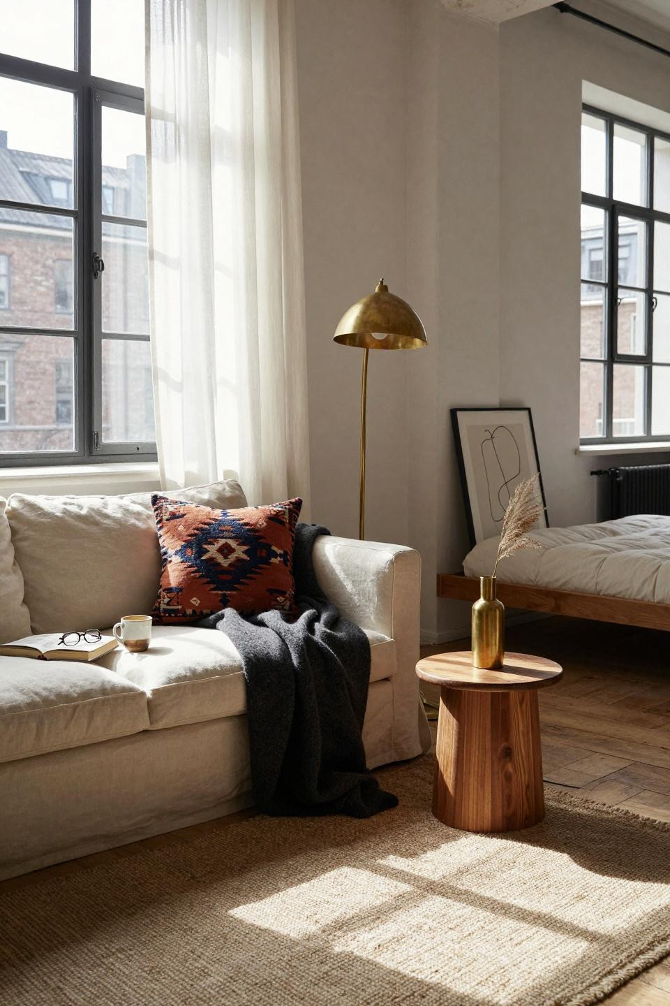 Small Lounge Ideas - industrial loft with patterned textiles