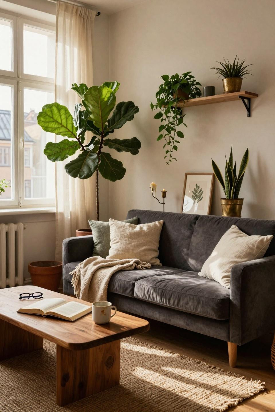 Small Lounge Ideas - aerial view of bouclé sectional and coffee table