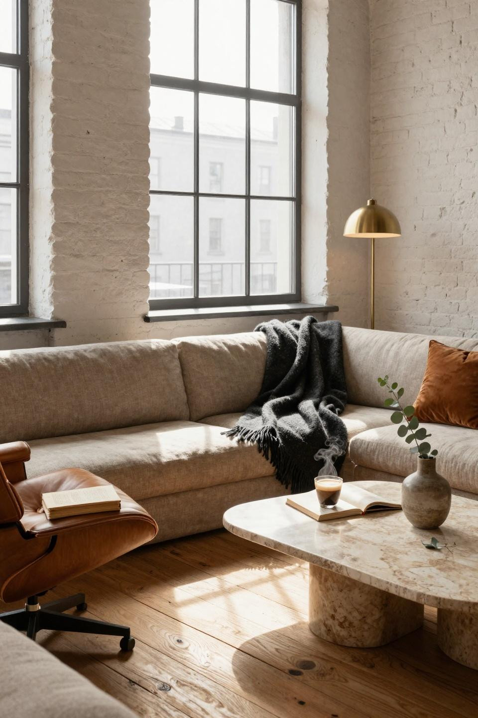 Small Lounge Ideas - warm leather chair with metal accents