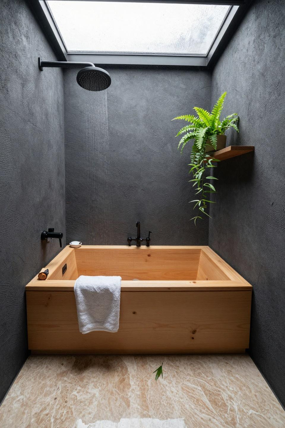 Small master bath overhead view with hinoki tub and charcoal walls