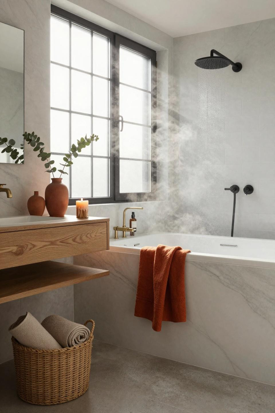 Small master bath with oak floating vanity and marble walls