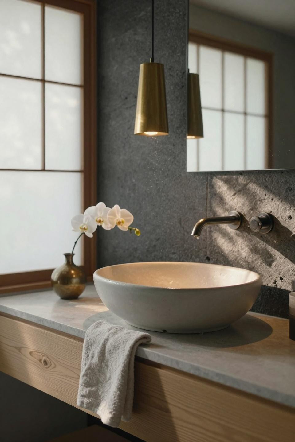 Small master bath detail with ceramic vessel sink and brass pendant light